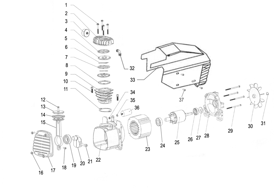 ЗУБР 200 л/мин, 24 л, 1500 Вт, безмаслянный компрессор (КП-200-24) - посмотреть вариант разборной схемы